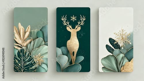 Emerald & Gold Winter Botanical Art: Deer, Leaves, and Snowflake Decor Prints