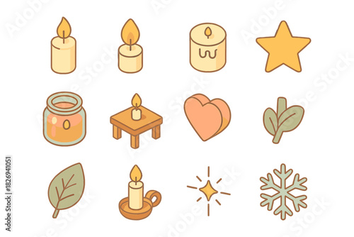Cozy candle and decorative icons in pastel color scheme for home decor and seasonal themes