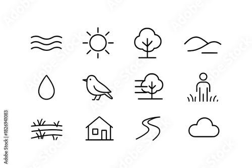 Minimalist icon set of nature and outdoors elements in black line style