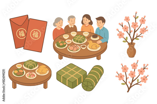 Festive family gathering with traditional food and cherry blossoms