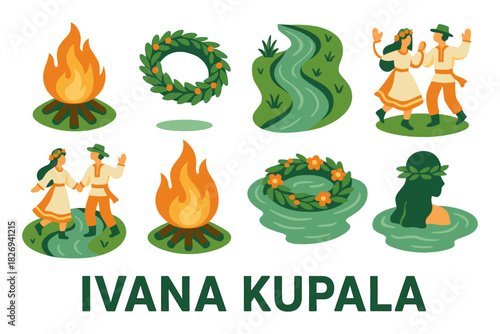 Ivana kupala festival elements with traditional dance and nature symbols in flat design