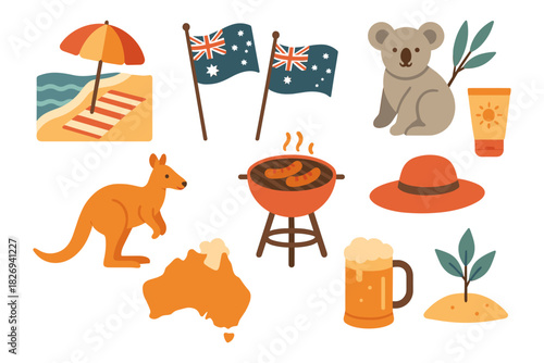 Australian icons set featuring koala, kangaroo, and more in a flat design