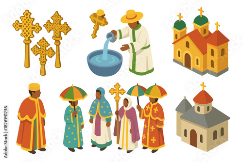 Isometric ethiopian church ceremony with traditional attire and crosses