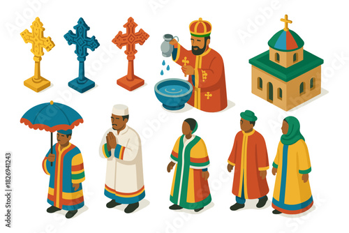 Isometric ethiopian religious ritual with cultural outfits and traditional symbols
