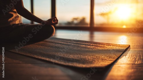 person meditating on a yoga mat by the window at sunrise or sunset in a calm atmosphere
