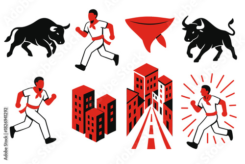 Dynamic bull running and urban scenes in bold red and black