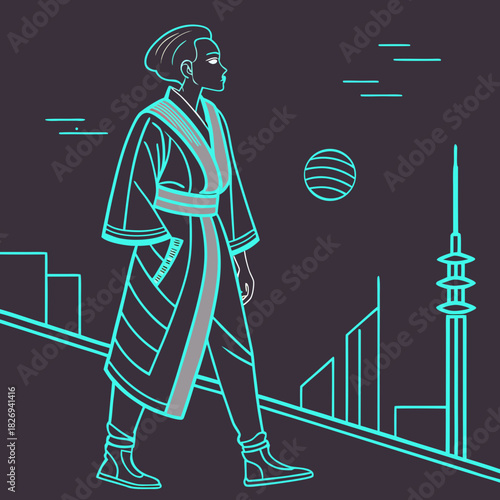 Futuristic woman in neon kimono walks through a cyberpunk cityscape