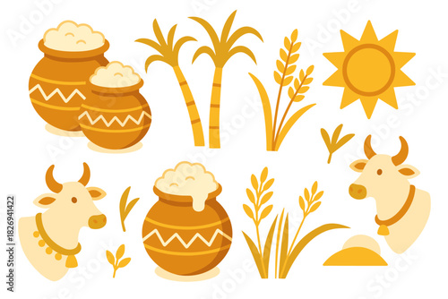 Flat harvest festival elements: pots, cows, sugarcane, and rice plants