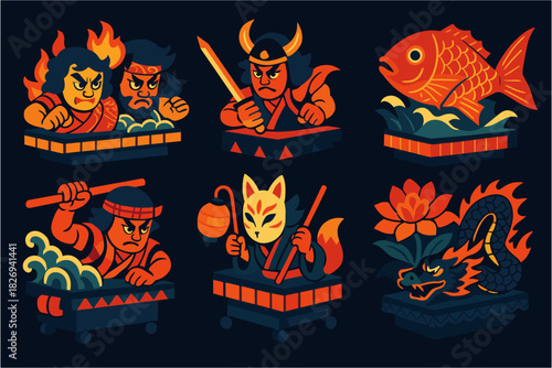 Japanese mythical characters in vibrant modern art style with bold colors