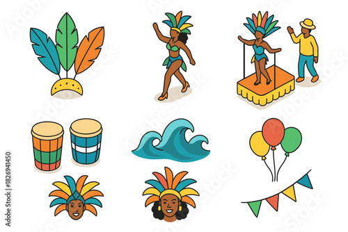 Colorful carnival elements with samba dancers, accessories, waves, and balloons