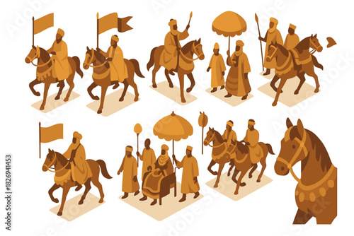 Isometric medieval procession: detailed horseback and carriage scenes