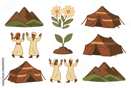 Desert life scene with tents, mountains, and dancing figures in flat design