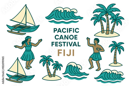 Pacific canoe festival in fiji: tropical dance and ocean waves illustration