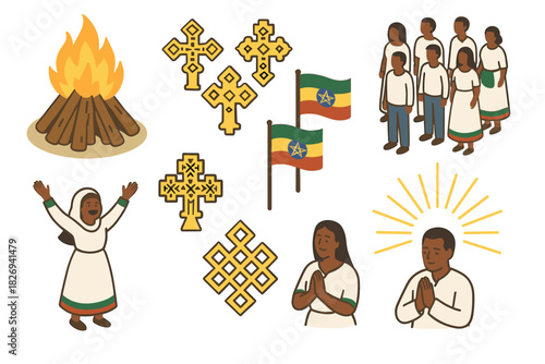Ethiopian cultural symbols and traditions in flat style design