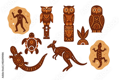 Indigenous art inspired icons featuring wildlife and culture in earthy tones