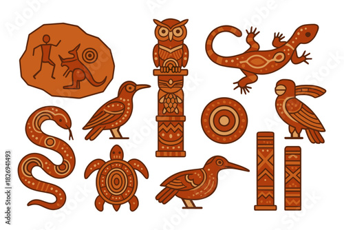 Aboriginal artifacts collection in traditional earthy tones with animal motifs