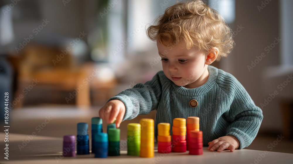 Obraz premium Toddler playing with colorful wooden educational toys on light floor faceless youngster defocused background developmental play scene learning material interaction cognitive