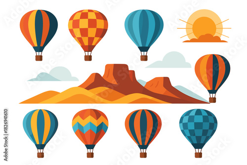 Colorful hot air balloons with mountain landscape and sunrise