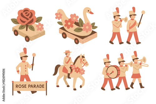 Vintage parade elements with marching band and flower floats