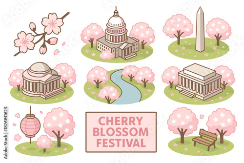 Cherry blossom festival icons featuring washington landmarks and trees
