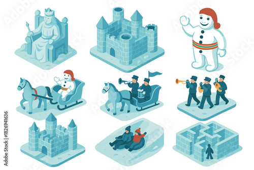 Isometric winter wonderland scenes with snowmen and kings in magical blue castle
