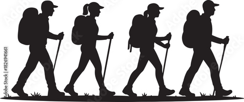  Silhouette illustration of a group of hikers walking in a line, each carrying backpacks and trekking poles.