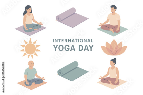 Celebrating international yoga day with meditative poses and relaxation symbols