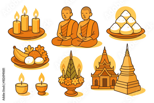 Monks in meditation with temple and offerings in flat design