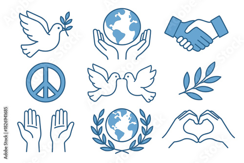 Peace and unity icons: doves, hands, and earth symbols in a linear style