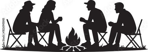 Silhouette illustration of four people sitting around a campfire, arranged in a relaxed circle on folding chairs.