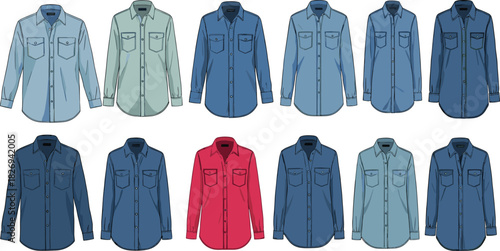 Colorful Long Sleeve Button-Up Shirts with Pockets Displayed in Fashion Catalog Layout for Apparel Design and Retail Presentation
