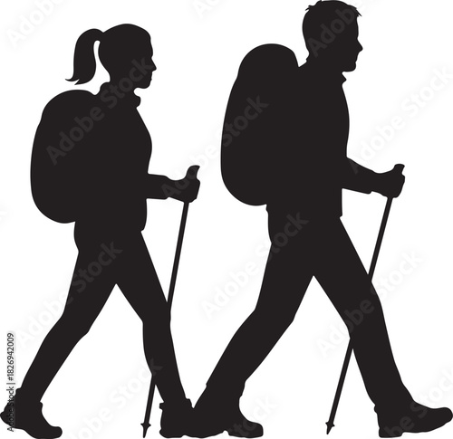 Silhouette of hiking man and woman vector illustration