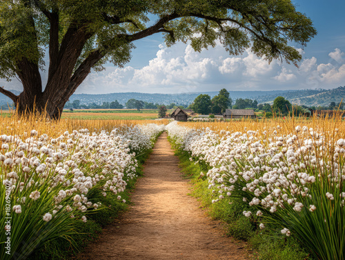 Cotton farm with bolls