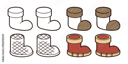 A series of illustrations depicts the step-by-step creation of cartoon boots, showcasing different design stages from outline to finished product with color and texture.