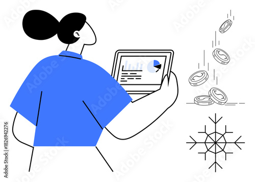 Woman holding tablet reviewing charts, falling coins suggest financial gain, snowflake conveys digital or blockchain relevance. Ideal for fintech, crypto, economy, data, blockchain, winter analysis