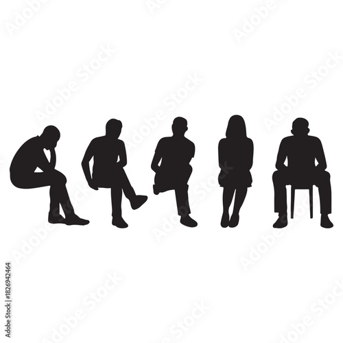 men and women in various sitting, waiting, and resting postures vector silhouette