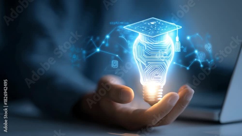 Digital education lightbulb with glowing circuit lines and technology graduation concept