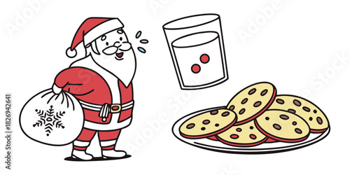 Santa Claus, carrying a sack with a snowflake, looks at a plate of cookies and a glass of milk, anticipating a treat.