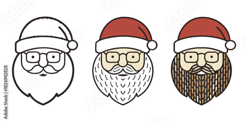 Three stylized illustrations of Santa Claus's face, showing the progression from a simple outline to a fully rendered beard and hat, all wearing glasses.