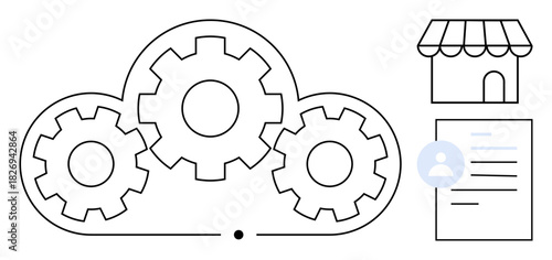 Cloud containing interlocked gears, storefront with striped roof, and user profile document. Ideal for cloud computing, process automation, SaaS, e-commerce, user management, digital transformation