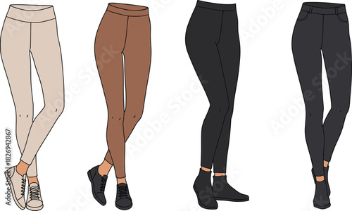 Stylish Women’s Leggings with Footwear Variations Displayed in Fashion Vector Layout for Apparel Design, Retail Catalog, and Clothing Illustration