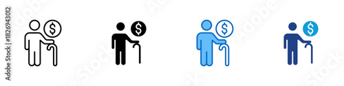 Retirement Planning Multiple Style Icon Design Vector - elderly person holding a cane with a dollar coin above their hand, representing future income preparation and long-term financial readiness
