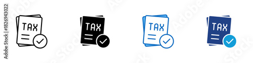 Tax Compliance Multiple Style Icon Design Vector - stacked tax documents with a large checkmark circle, representing accurate reporting, regulatory obligations, and adherence to filing requirements