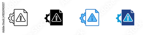 Risk Management Multiple Style Icon Design Vector - document with exclamation warning and gear behind it, representing controlled handling of threats, safety assessment, and mitigation planning