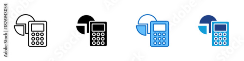 Budgeting Multiple Style Icon Design Vector - calculator placed beside segmented pie chart pieces, representing financial planning, allocation, and expense tracking