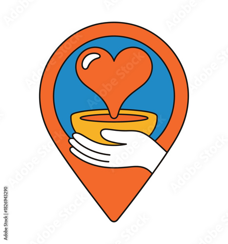 A hand holding a bowl with a heart pouring into it, symbolizing charity and care.