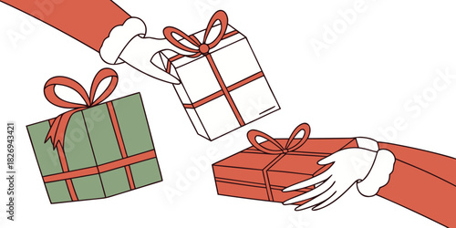 Hands wearing white gloves and red sleeves exchange gift-wrapped presents with red ribbons on a white background, symbolizing giving.