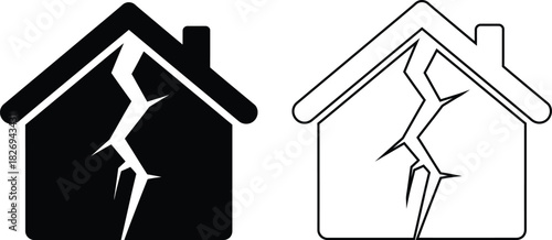 Cracked House Icons Earthquake Damage, Home Repair & Structural Issues Symbols