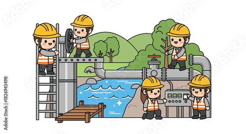 Cartoon illustration of workers in hard hats and vests managing a water pipeline system with valves and control panel.