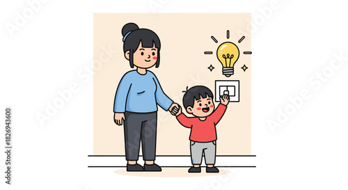 A caring mother teaches her curious young son how to turn on the light switch, illustrating a lesson in energy use.